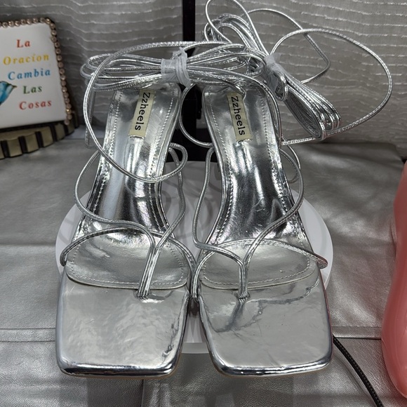 (H5) Zzheels Women's Square Toe Chunky Heel Lace-Up Strappy, Dift./Sizes Silver - Picture 6 of 13